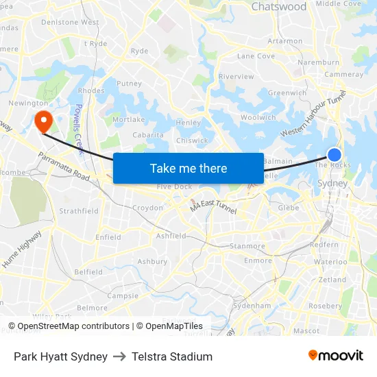 Park Hyatt Sydney to Telstra Stadium map