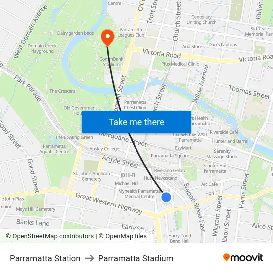 Parramatta Station to Parramatta Stadium map