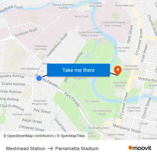 Westmead Station to Parramatta Stadium map