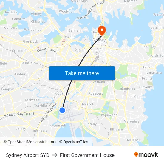 Sydney Airport SYD to First Government House map
