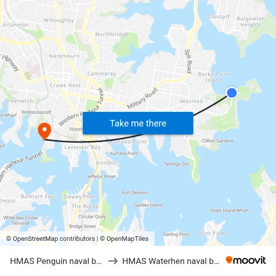 HMAS Penguin naval base to HMAS Waterhen naval base map
