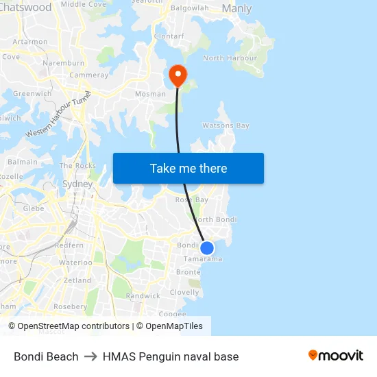 Bondi Beach to HMAS Penguin naval base map