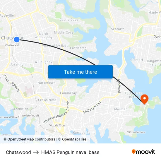 Chatswood to HMAS Penguin naval base map