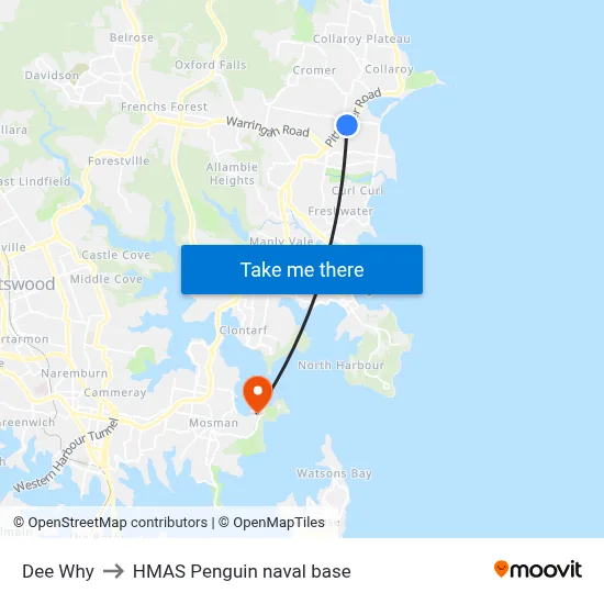 Dee Why to HMAS Penguin naval base map
