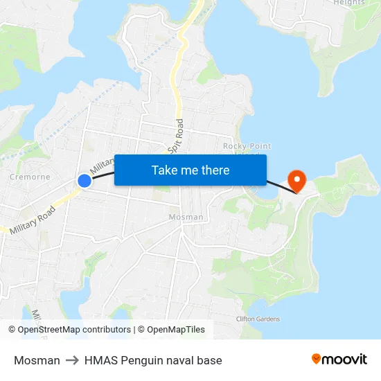 Mosman to HMAS Penguin naval base map