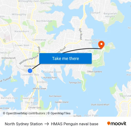 North Sydney Station to HMAS Penguin naval base map