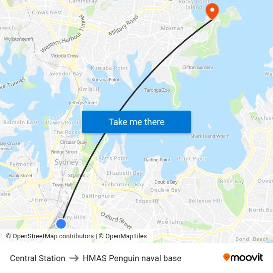 Central Station to HMAS Penguin naval base map