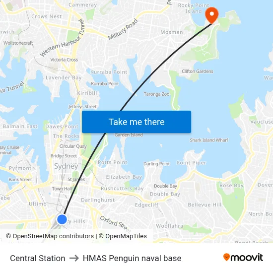 Central Station to HMAS Penguin naval base map