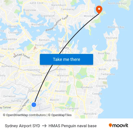 Sydney Airport SYD to HMAS Penguin naval base map