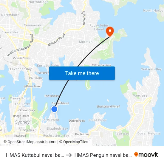 HMAS Kuttabul naval base to HMAS Penguin naval base map