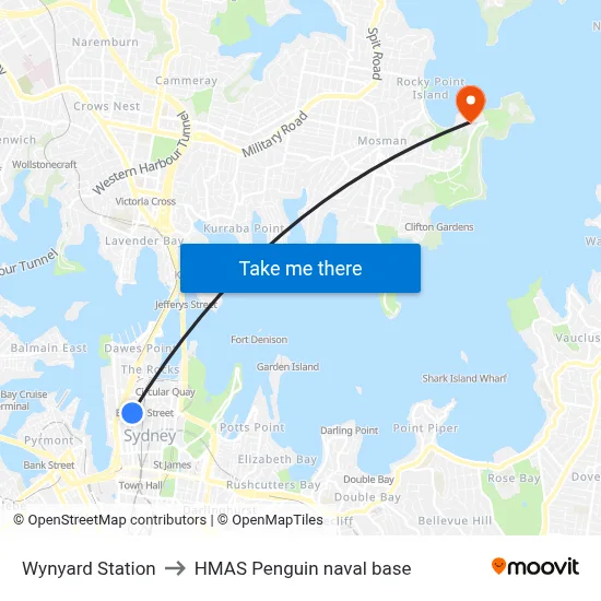 Wynyard Station to HMAS Penguin naval base map