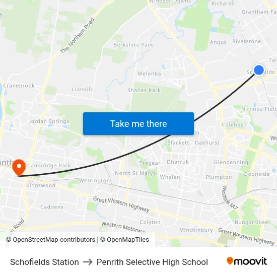 Schofields Station to Penrith Selective High School map