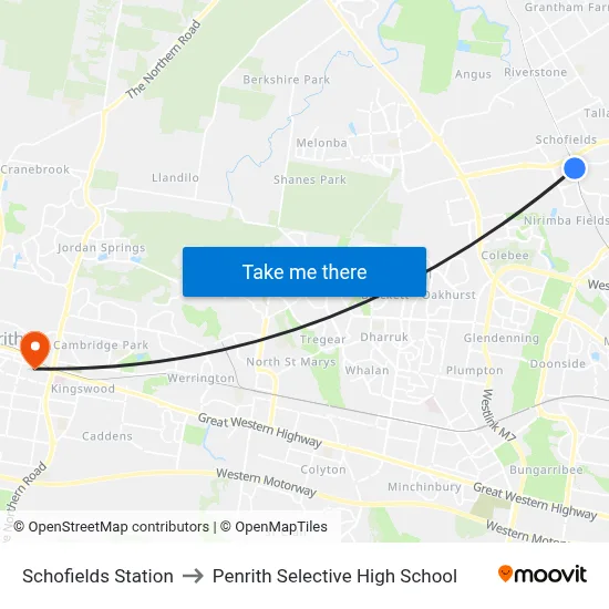 Schofields Station to Penrith Selective High School map