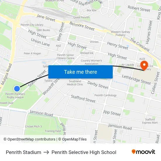 Penrith Stadium to Penrith Selective High School map
