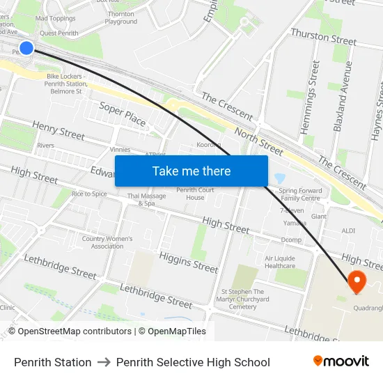 Penrith Station to Penrith Selective High School map