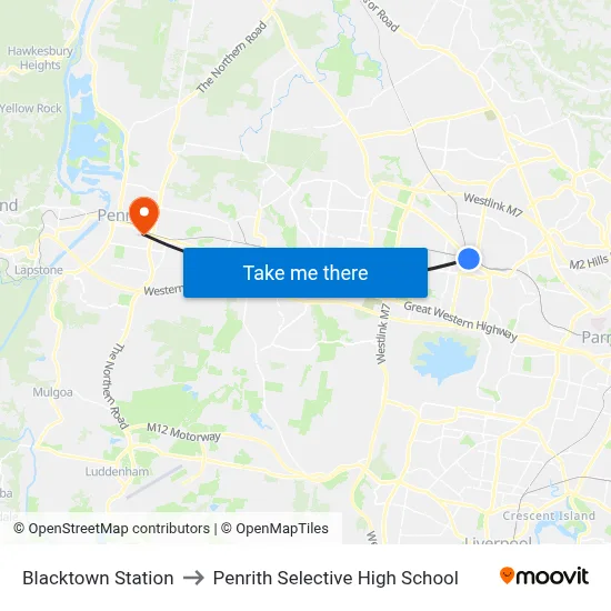 Blacktown Station to Penrith Selective High School map