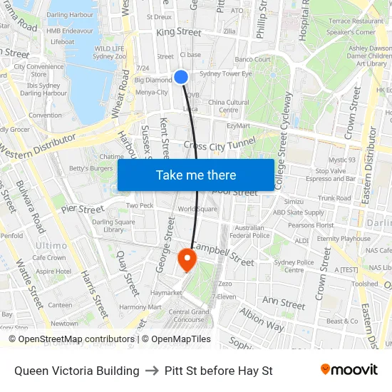 Queen Victoria Building to Pitt St before Hay St map