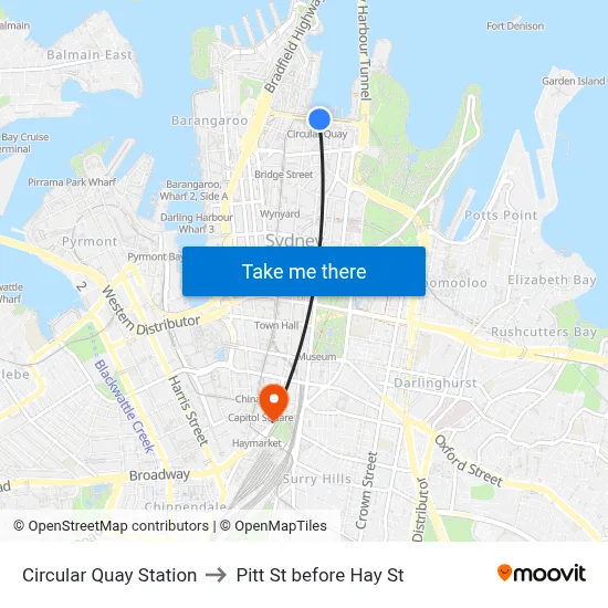 Circular Quay Station to Pitt St before Hay St map