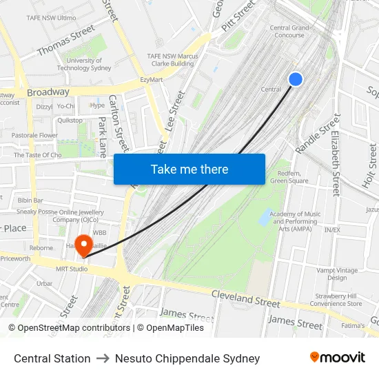 Central Station to Nesuto Chippendale Sydney map