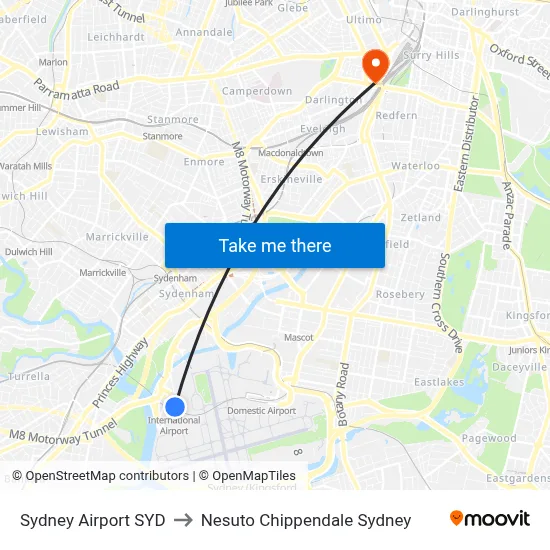 Sydney Airport SYD to Nesuto Chippendale Sydney map