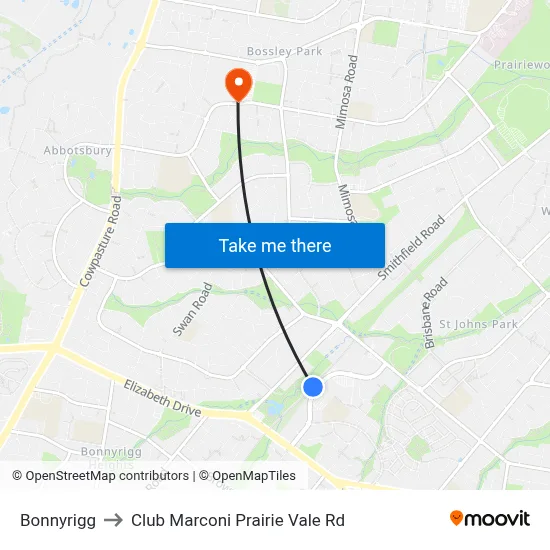 Bonnyrigg to Club Marconi Prairie Vale Rd map