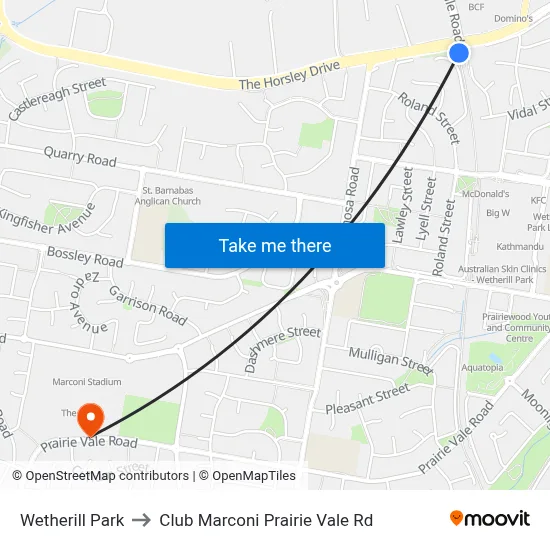 Wetherill Park to Club Marconi Prairie Vale Rd map