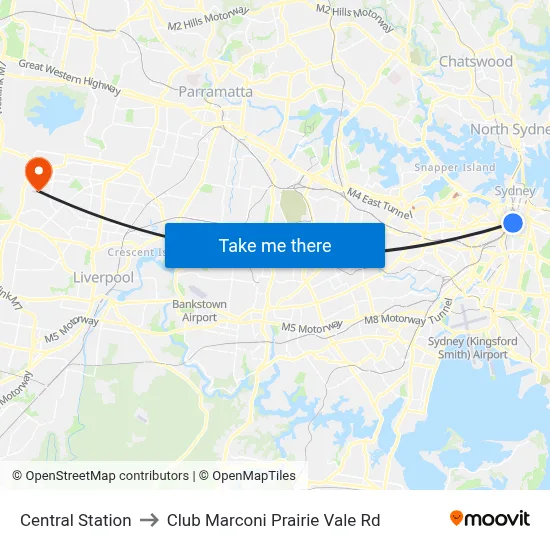 Central Station to Club Marconi Prairie Vale Rd map