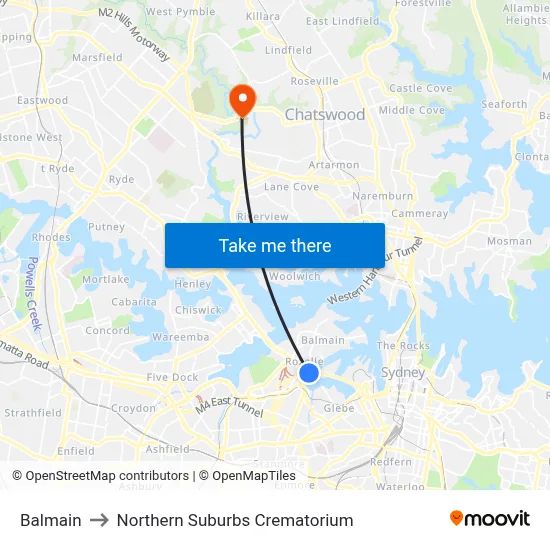 Balmain to Northern Suburbs Crematorium map