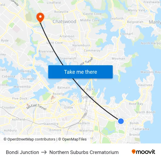 Bondi Junction to Northern Suburbs Crematorium map