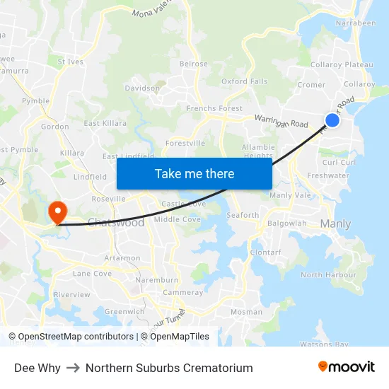 Dee Why to Northern Suburbs Crematorium map