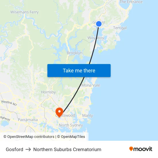 Gosford to Northern Suburbs Crematorium map
