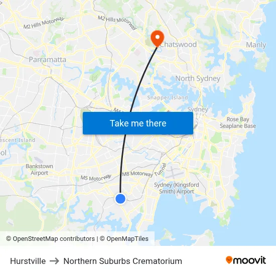 Hurstville to Northern Suburbs Crematorium map