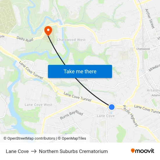 Lane Cove to Northern Suburbs Crematorium map