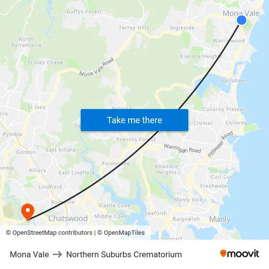 Mona Vale to Northern Suburbs Crematorium map
