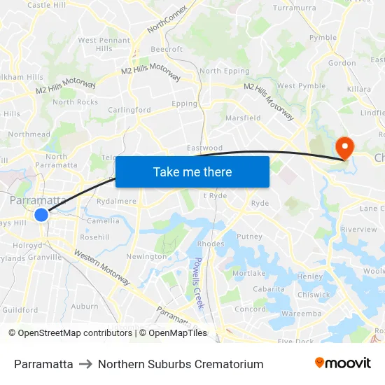 Parramatta to Northern Suburbs Crematorium map