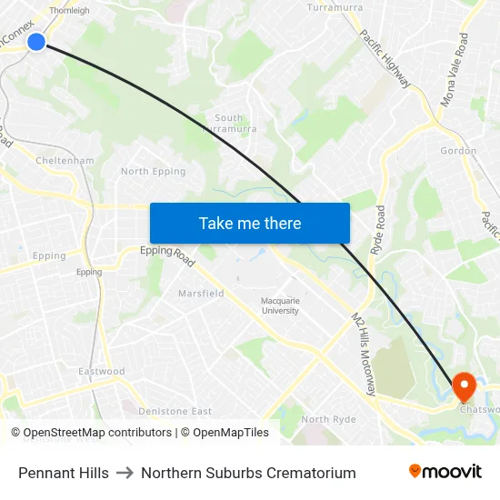 Pennant Hills to Northern Suburbs Crematorium map