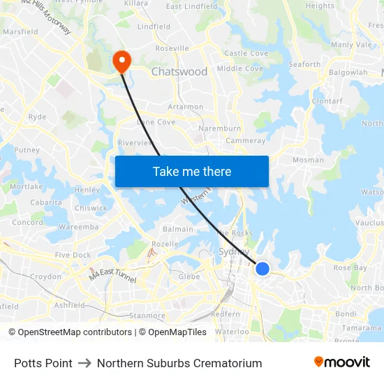 Potts Point to Northern Suburbs Crematorium map