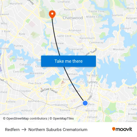Redfern to Northern Suburbs Crematorium map