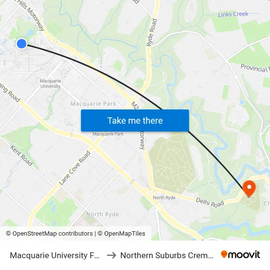 Macquarie University Fountain to Northern Suburbs Crematorium map