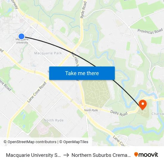 Macquarie University Station to Northern Suburbs Crematorium map