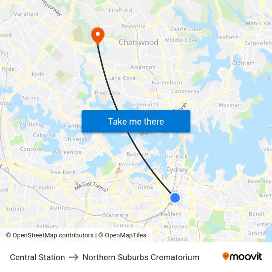 Central Station to Northern Suburbs Crematorium map