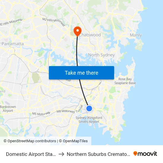 Domestic Airport Station to Northern Suburbs Crematorium map