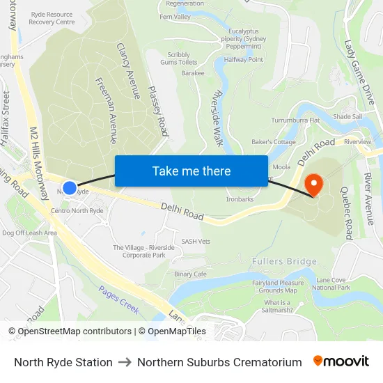 North Ryde Station to Northern Suburbs Crematorium map