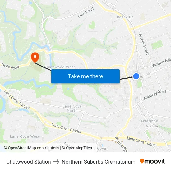 Chatswood Station to Northern Suburbs Crematorium map