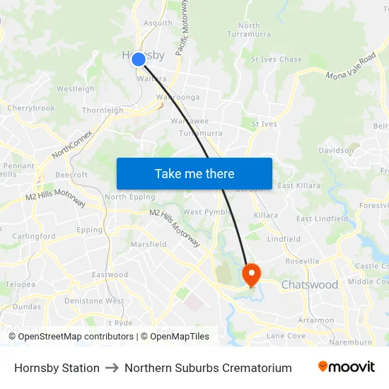 Hornsby Station to Northern Suburbs Crematorium map