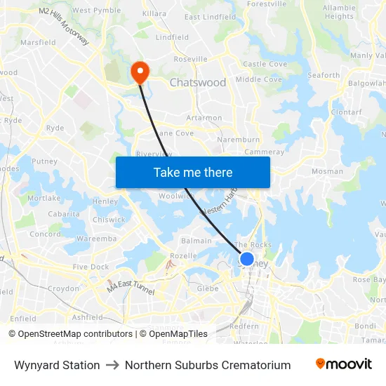 Wynyard Station to Northern Suburbs Crematorium map