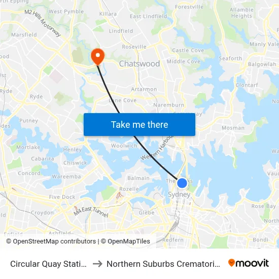 Circular Quay Station to Northern Suburbs Crematorium map