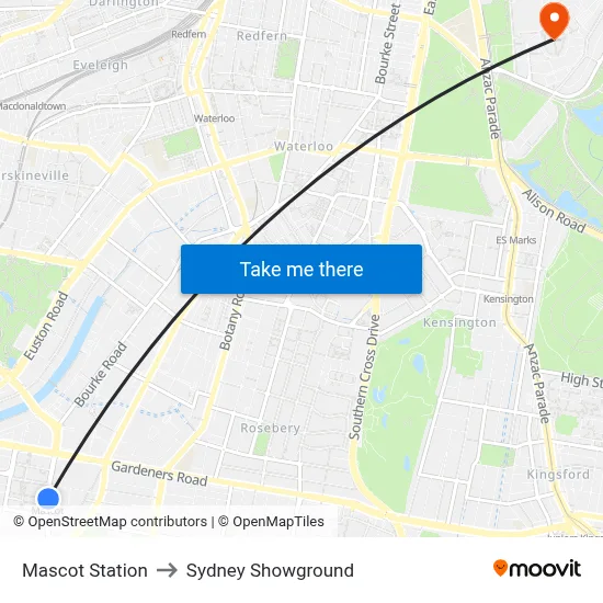 Mascot Station to Sydney Showground map