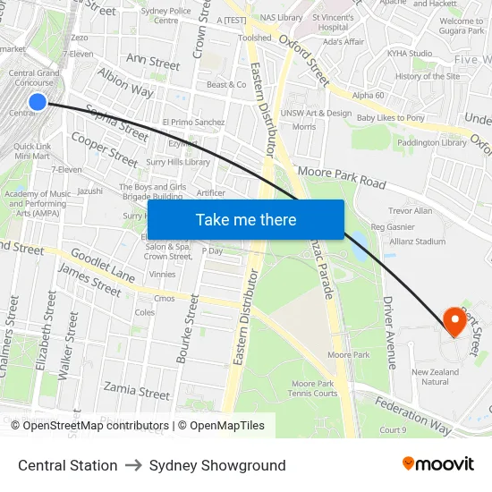 Central Station to Sydney Showground map