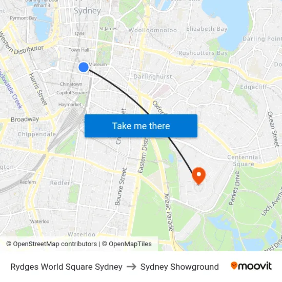 Rydges World Square Sydney to Sydney Showground map
